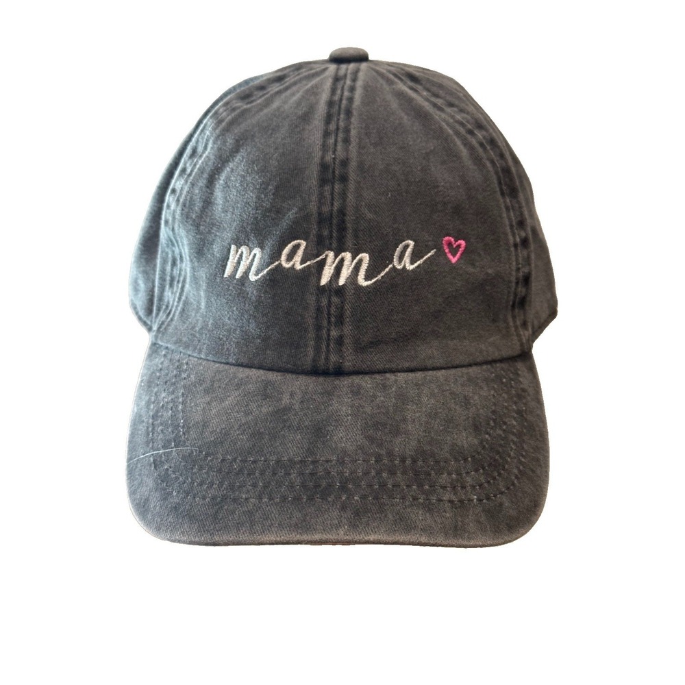 Mama Heart Cursive Embroidered Acid Washed Black Boutique Baseball Hat